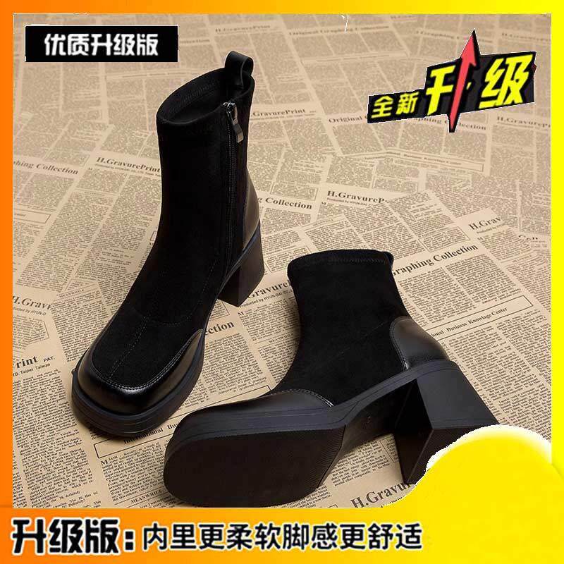 新品真皮高跟短靴女2025新款流行爆款春秋单靴韩系小踝靴洋气瘦瘦