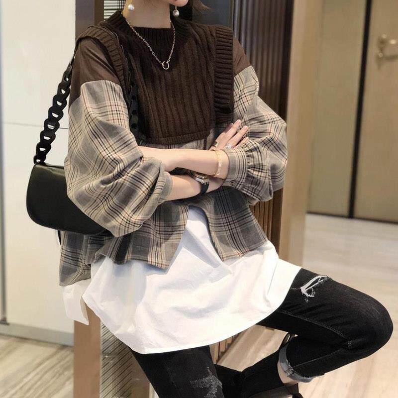 推荐拼接衬衫女2026年春秋新款欧货衬衣设计感上衣洋气针织马甲假