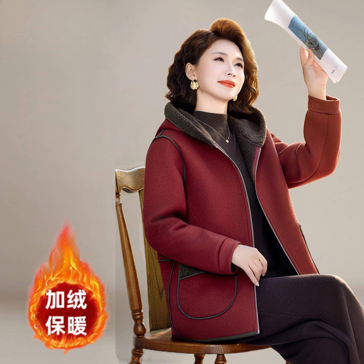 推荐秋冬款妈妈装双面穿大衣加绒棉服中老年人女装棉衣连帽毛呢外
