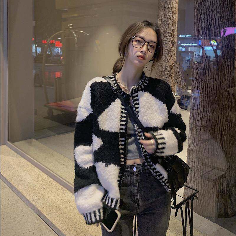 推荐黑白撞色外套女秋冬2026欧货新款小个子加绒工装夹克拼色休闲