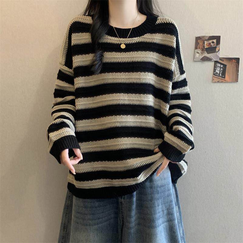 新品咖色条纹打底针织衫毛衣女春秋新款大码胖mm显瘦遮肚宽松爆款