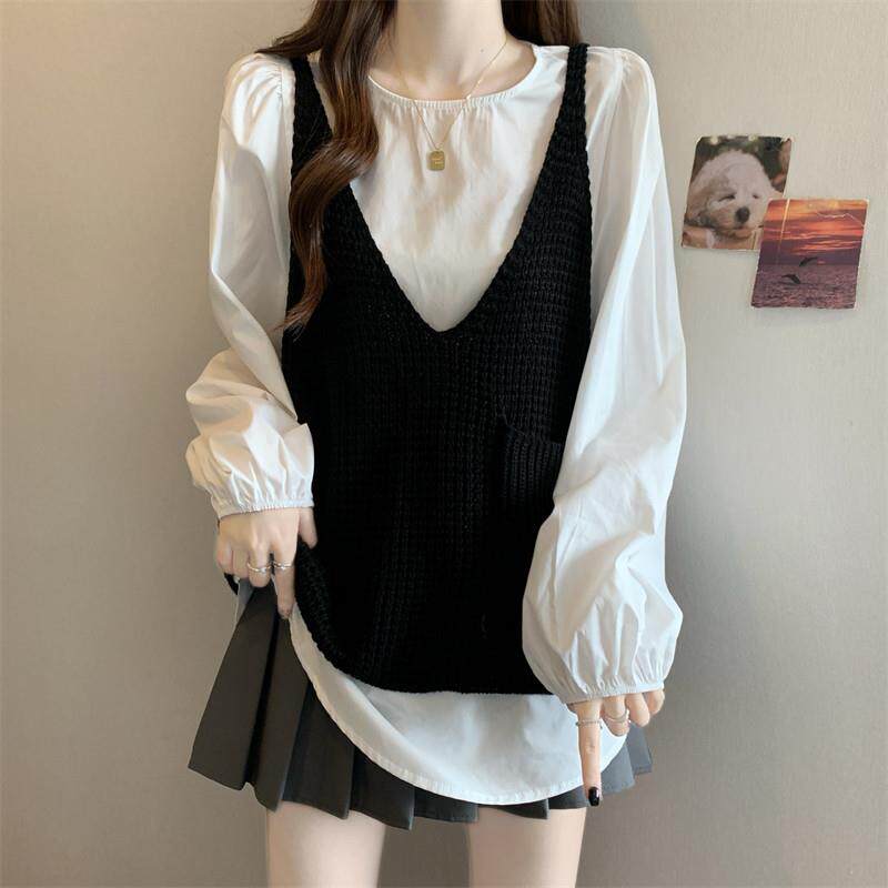 新品早秋穿搭一整套女大码胖mm巨好看叠穿针织背心马甲长袖衬衫两