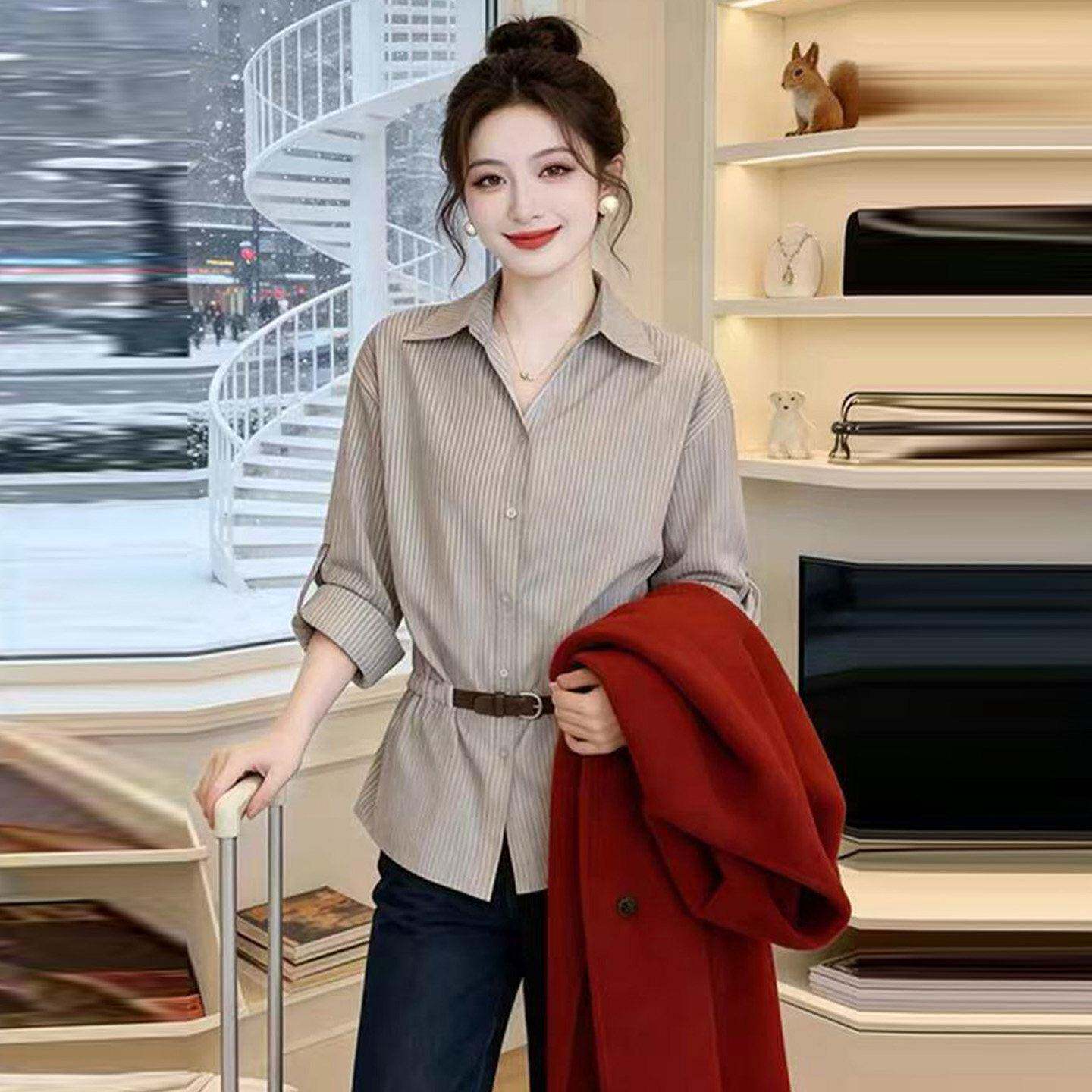 推荐时尚法式条纹衬衫女2026春季新款宽松遮肚子显瘦衬衣百搭洋气