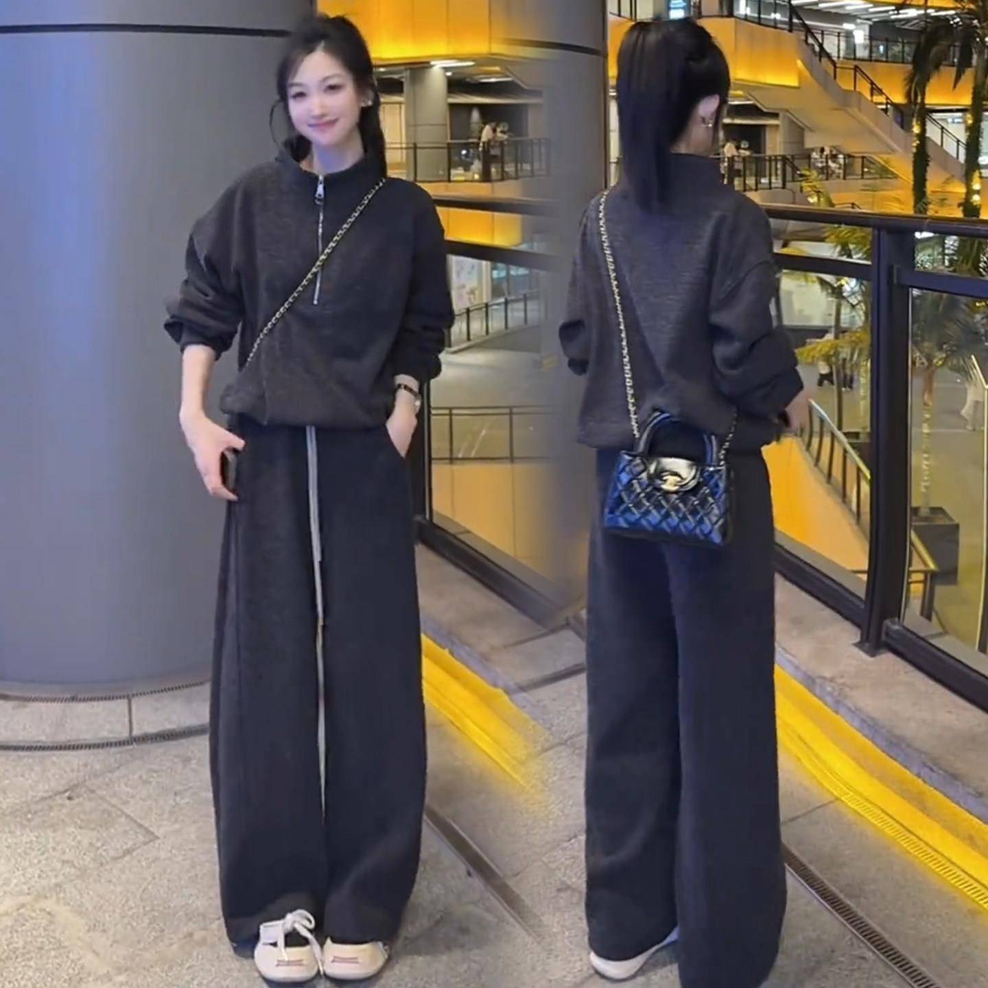 推荐时尚加绒加厚休闲套装女秋冬新款洋气宽松立领卫衣阔腿裤两件