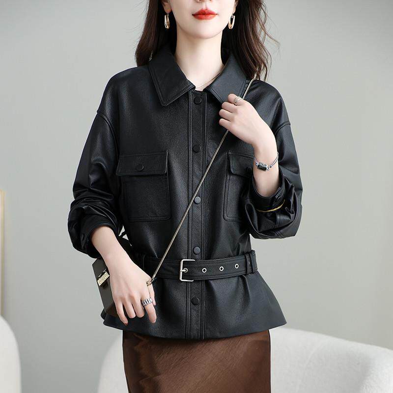 新品2025春秋新款海宁真皮皮衣女短款休闲系带绵羊皮衬衫夹克小外