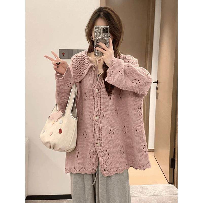 新品韩系高级感灰色翻领镂空毛衣外套女秋冬季中长款软糯加厚针织