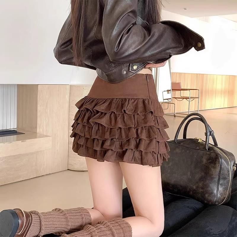 推荐美拉德设计感高腰蓬蓬咖色半身裙女秋冬鹿皮绒包臀裙百褶蛋糕