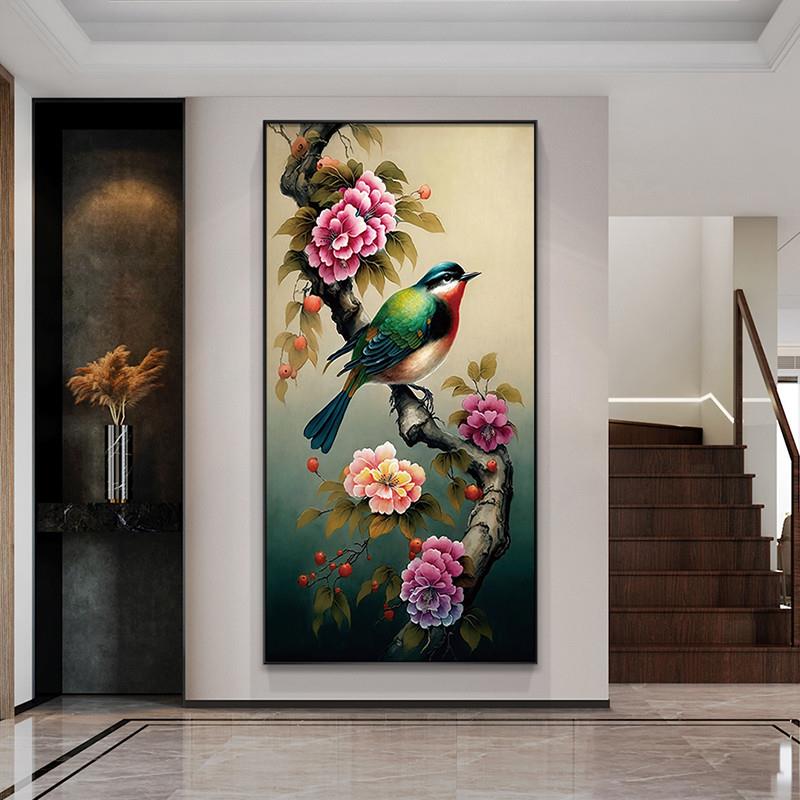 好货新中式玄关背景墙装饰画牡丹花鸟喜鹊客厅挂画入户正对门国画图片