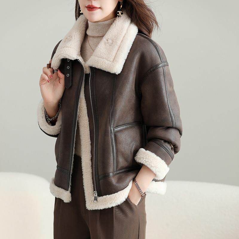 新品皮毛一体羊羔毛外套女秋冬季麂皮绒羊羔绒机车服夹克高级感大