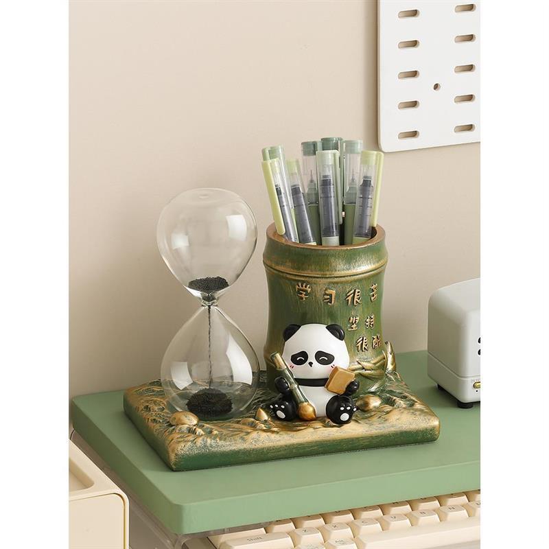励志熊猫笔筒摆件沙漏计时