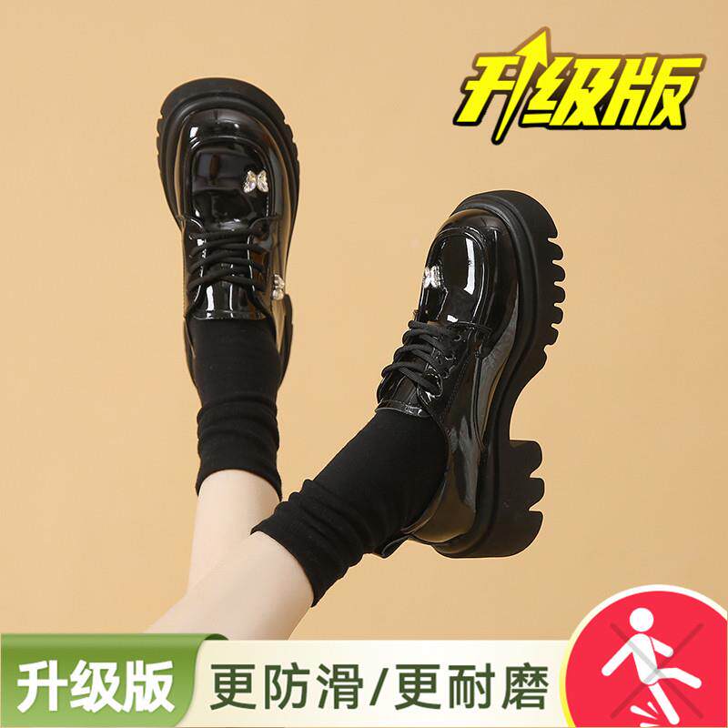 新品厚底小皮鞋女春季爆款蝴蝶亮面松糕增高英伦风小个子JK乐福鞋