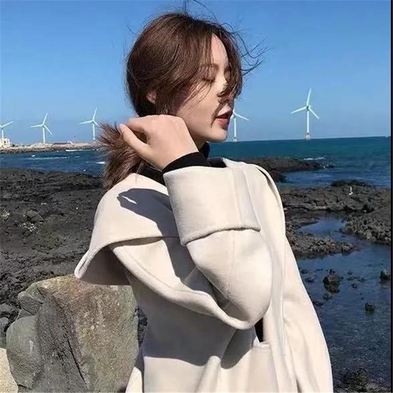推荐双面呢子大衣女冬季加厚韩国赫本风小个子中长款毛呢斗篷连帽