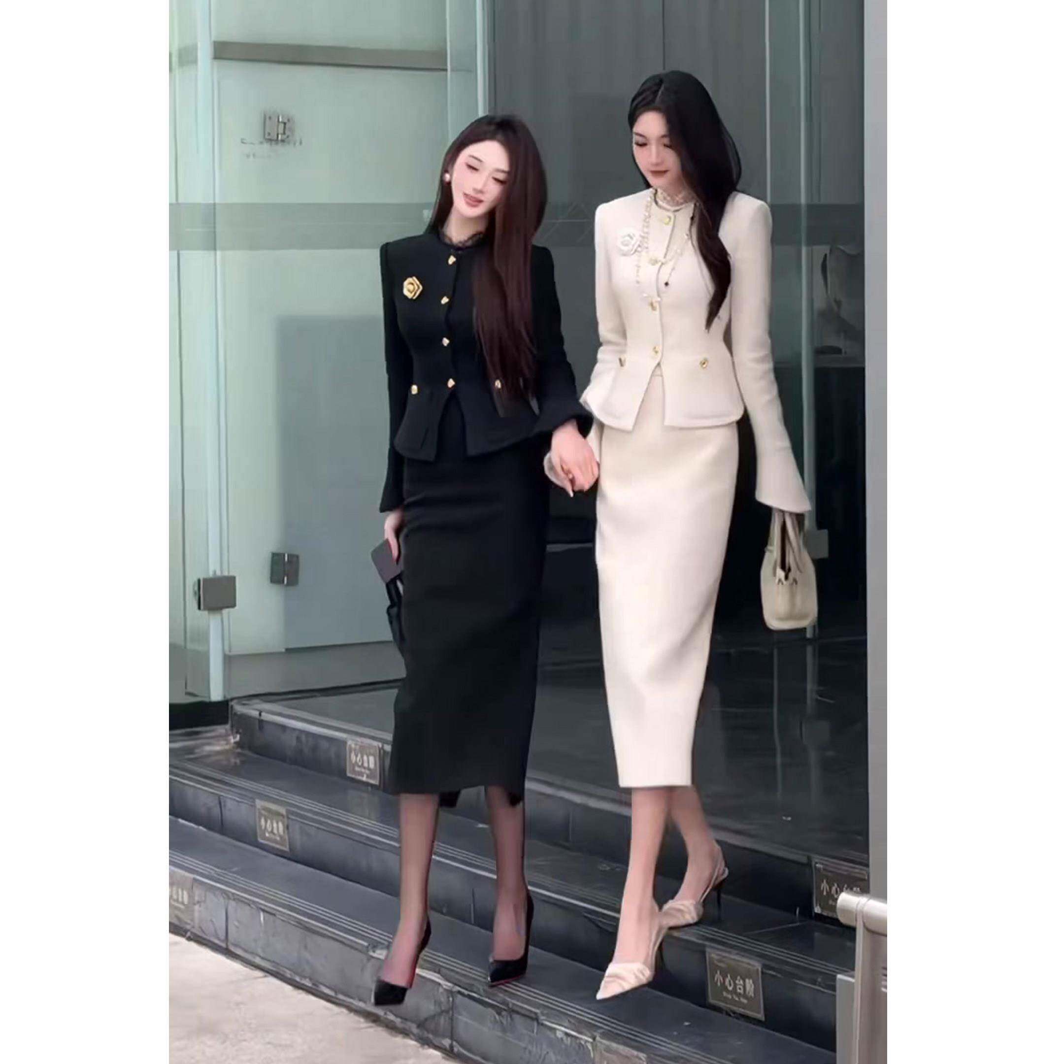推荐女神气质套装裙2026冬季新款收腰小香风外套+高腰半身裙两件