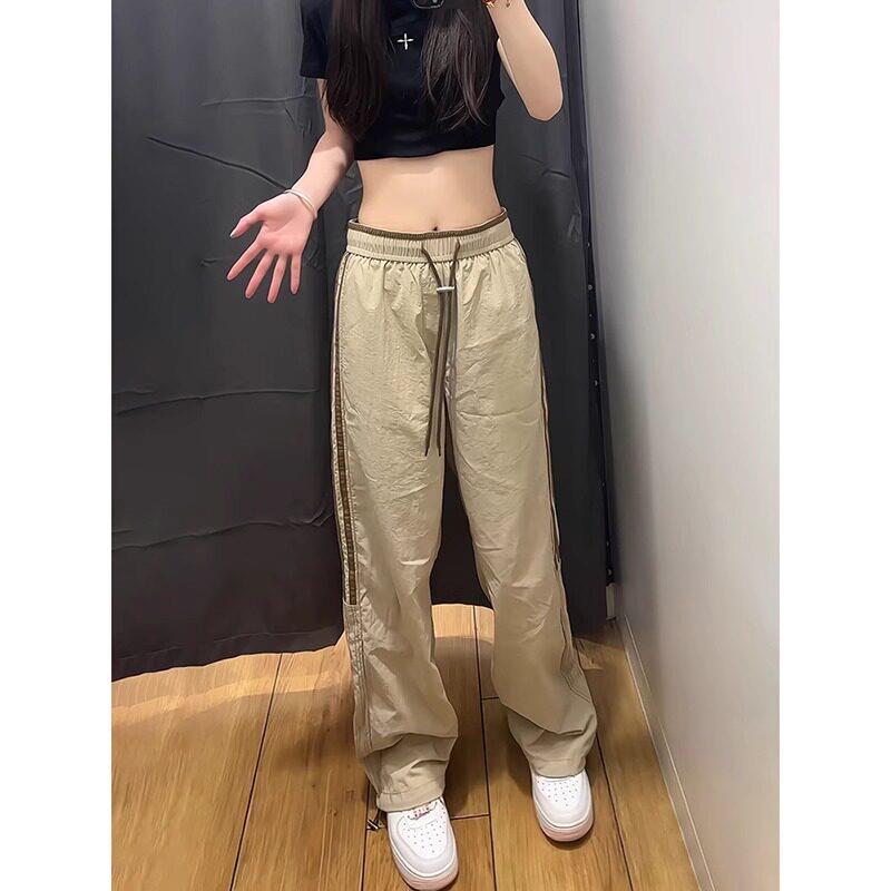 推荐卡其色速干工装裤女早秋欧货小个子冰丝高腰垂感条纹裤子运动