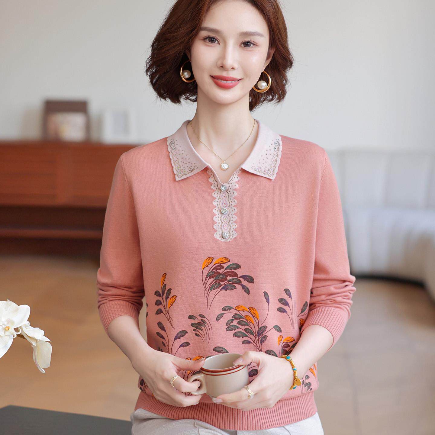 新品妈妈秋装2025新款时尚翻领毛衣中老年女装秋冬洋气针织打底衫