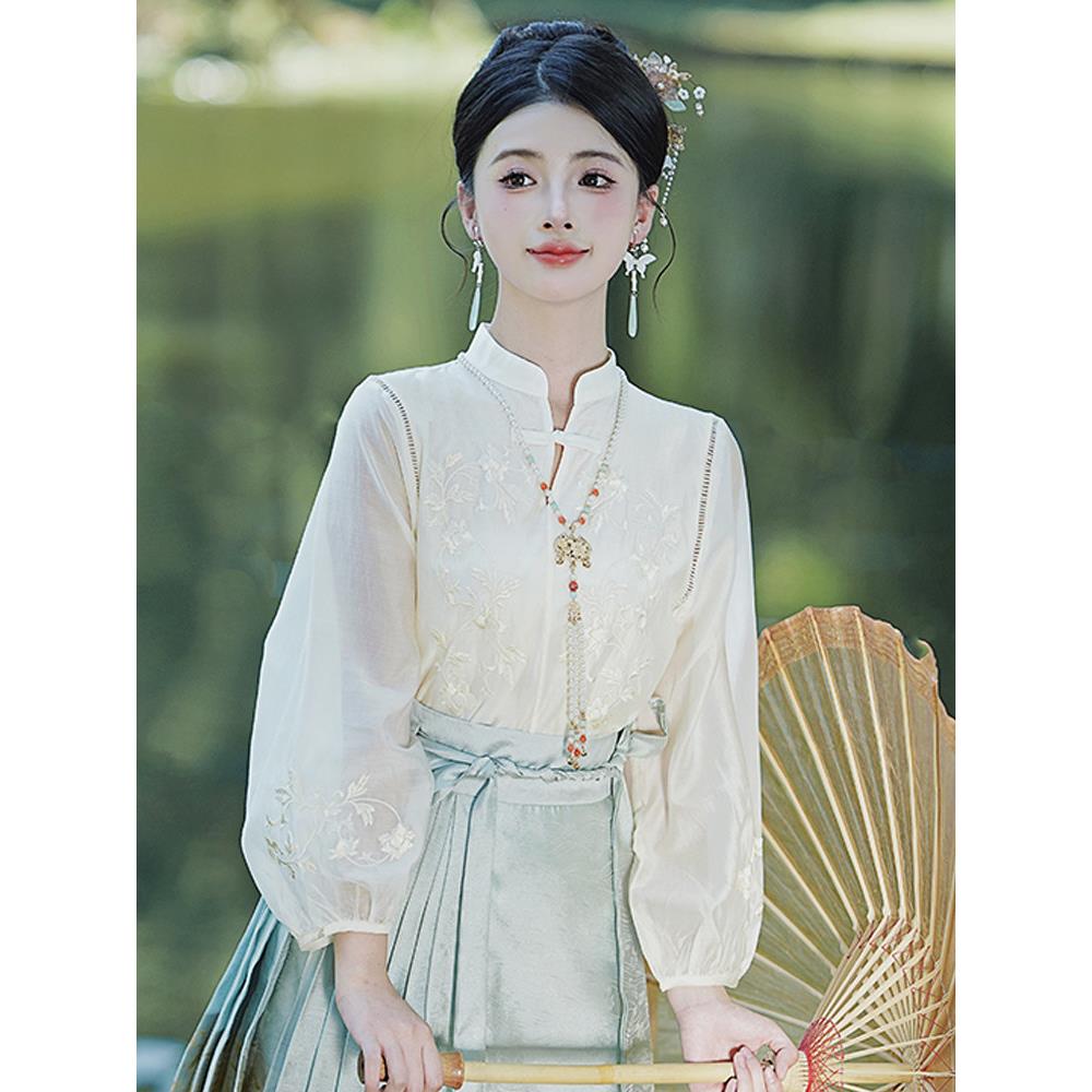 推荐马面裙搭配上衣女2026新款秋季汉元素刺绣衬衣新中式国风雪纺