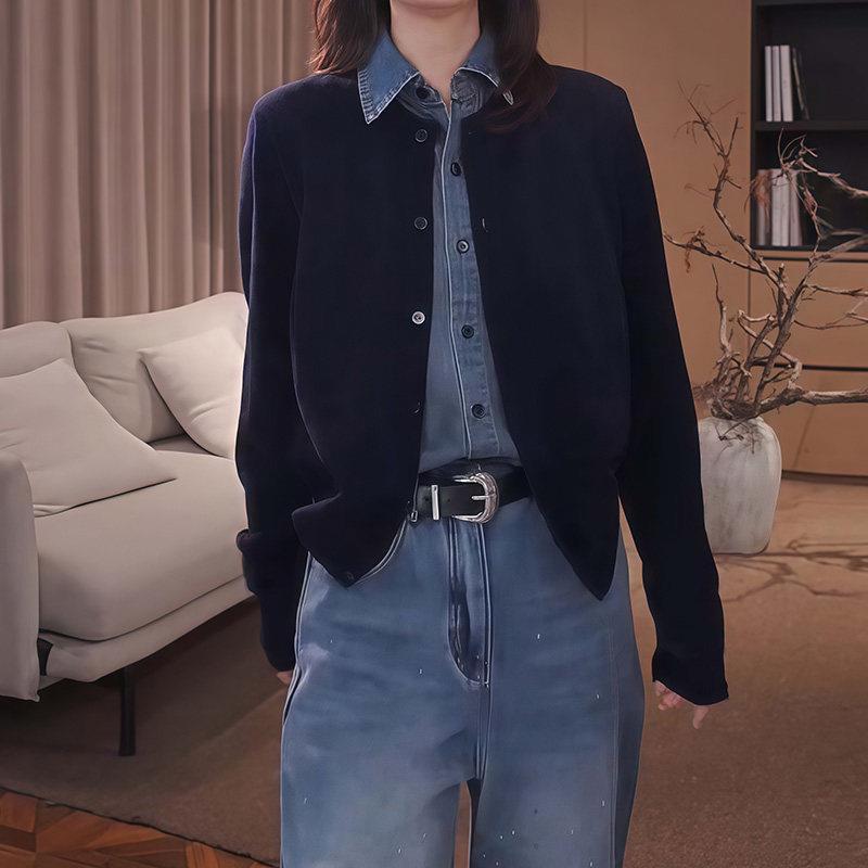 推荐藏青色假两件拼接牛仔长袖衬衫女春秋新款高级感衬衣开衫外套