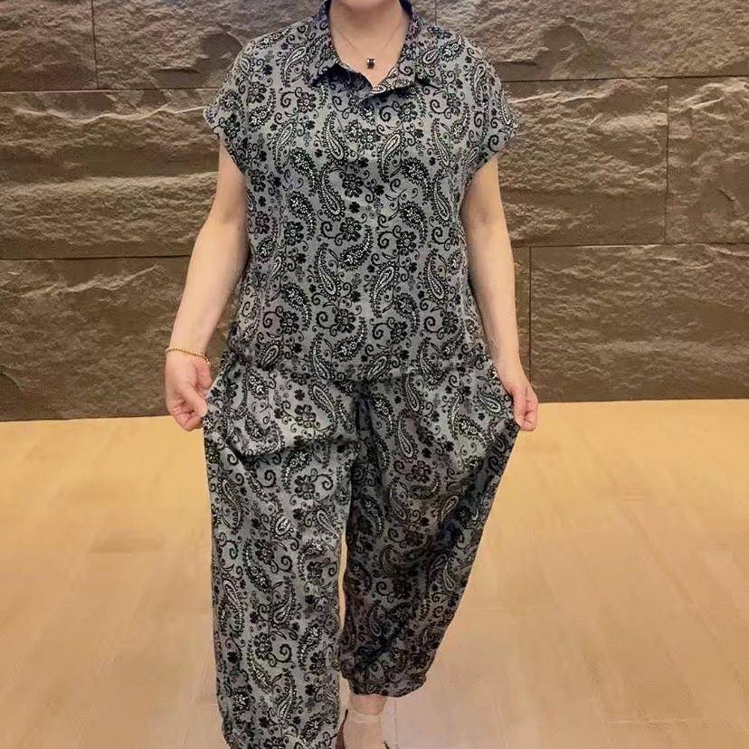 推荐妈妈装印花翻领抽绳短袖两件套女新款宽松舒适时尚通勤中老年