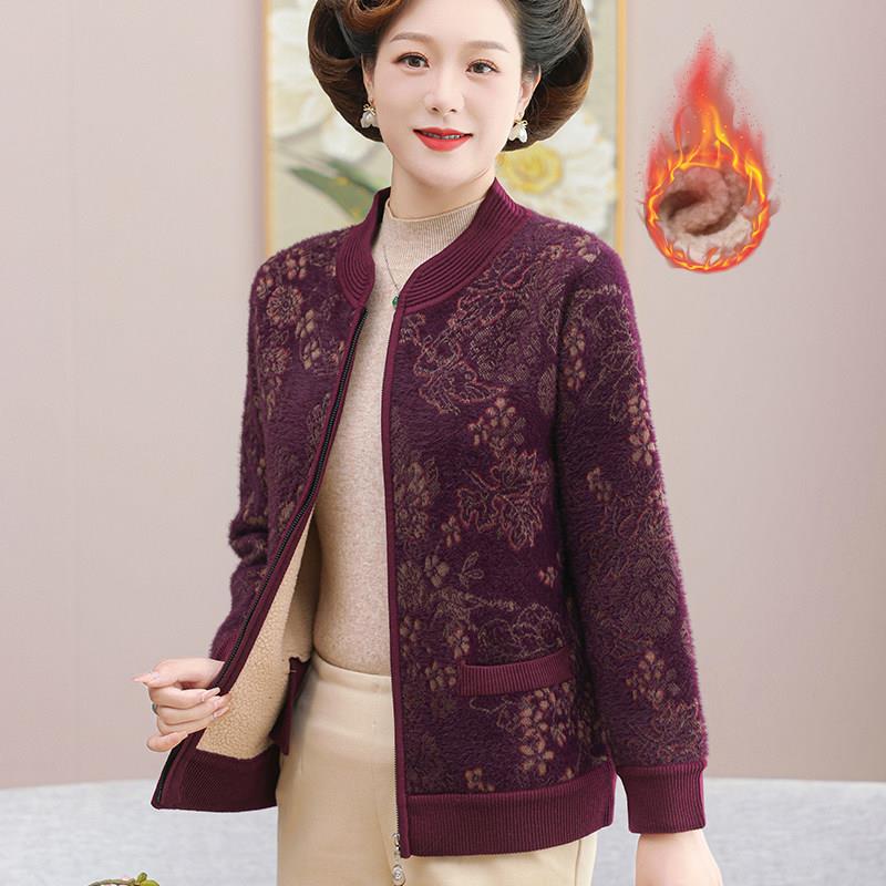 推荐妈妈装秋冬针织仿貂绒开衫中老年女装上衣老太太加绒加厚外套