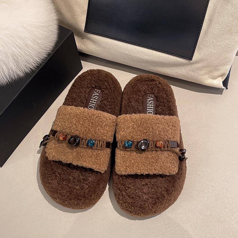 推荐厚底串珠毛毛拖鞋女外