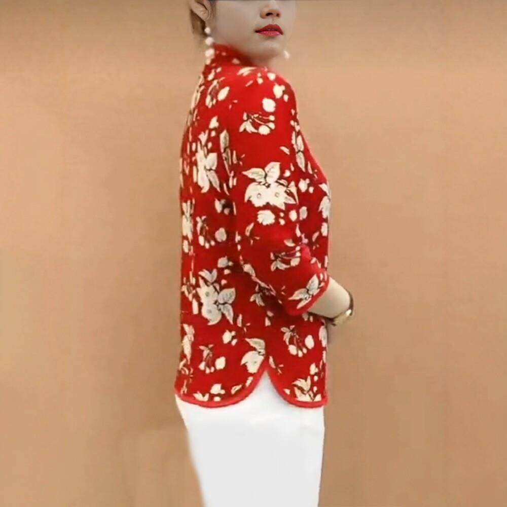 推荐中老年妈妈装国风上衣女复古碎花中袖小衫J时尚显瘦女装盘扣