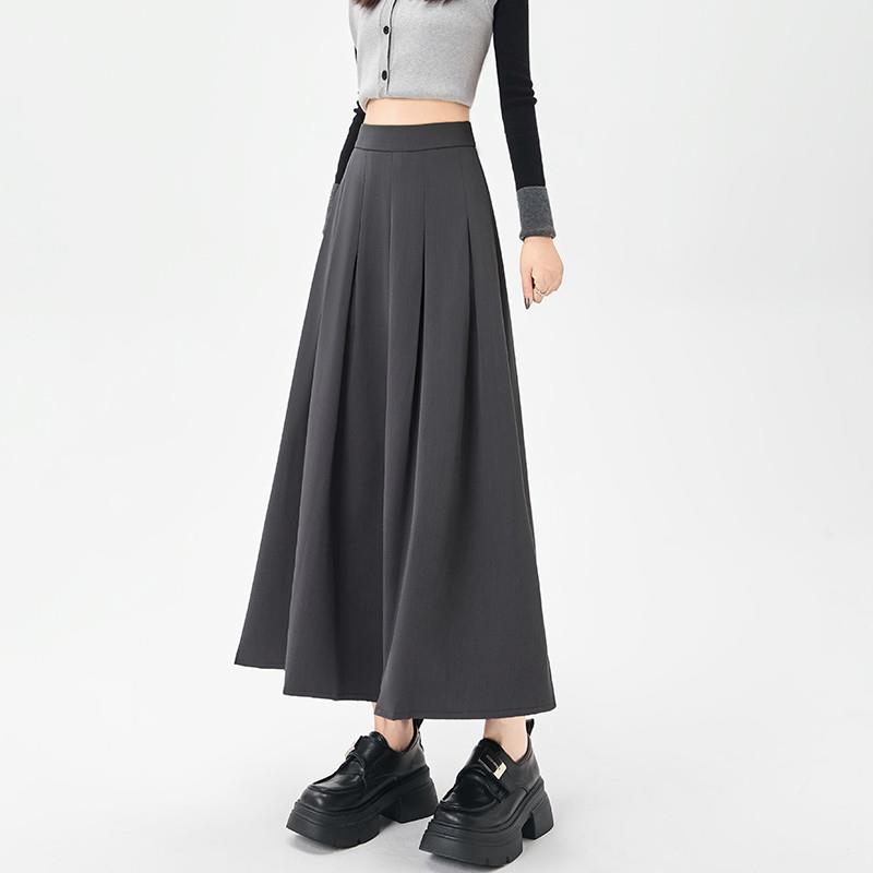 推荐高级感灰色西装半身裙女秋季松紧高腰垂感大摆a字气质百褶伞