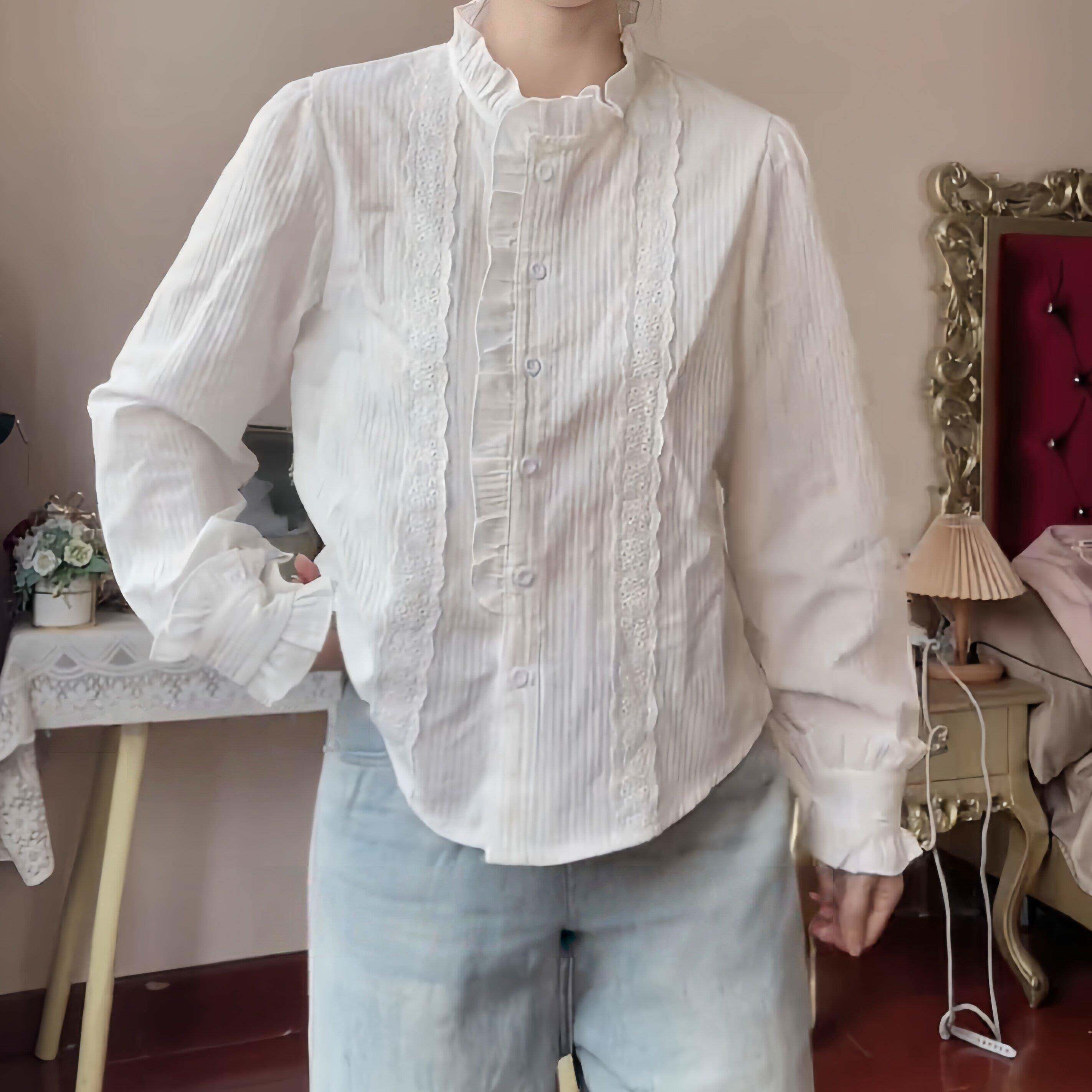 推荐法式绝美减龄立领白色花边复古衬衫2026春秋款暗纹小众木耳边