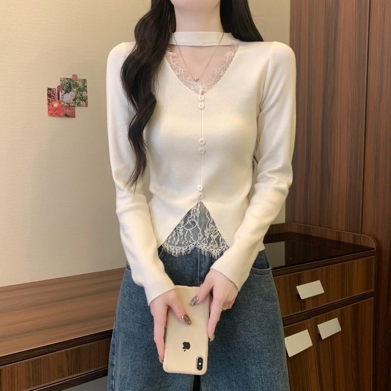 推荐甜美减龄内搭针织毛衣设计感百搭V领打底衫2026蕾丝挂脖长袖
