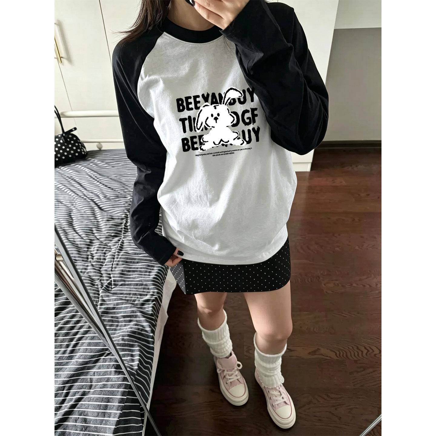 推荐美式复古秋季穿搭纯棉插肩长袖t恤女2026新款洋气内搭打底衫