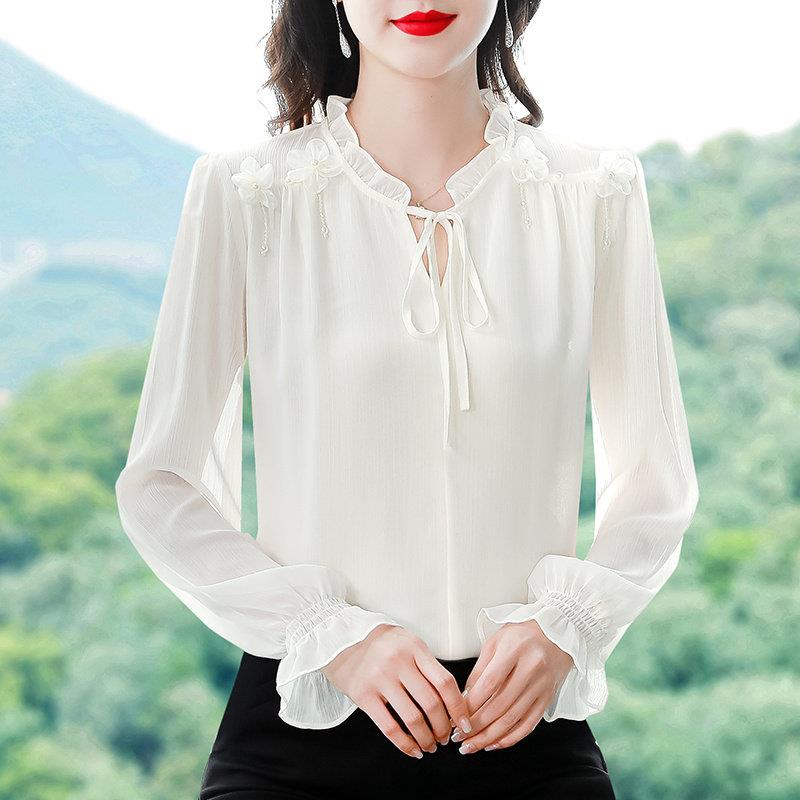 推荐时尚木耳立领长袖衬衫女士秋季洋气系带气质小衫漂亮优雅雪纺