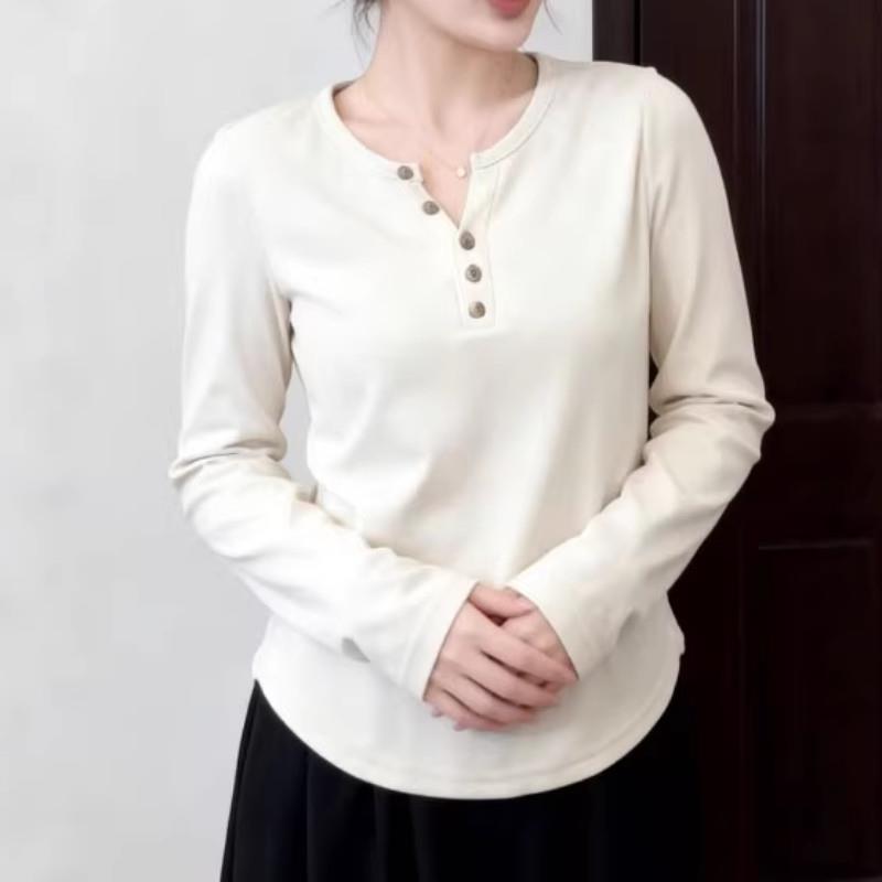 推荐大码基础款纯棉v领长袖打底衫t恤女秋季胖mm显瘦宽松休闲内搭