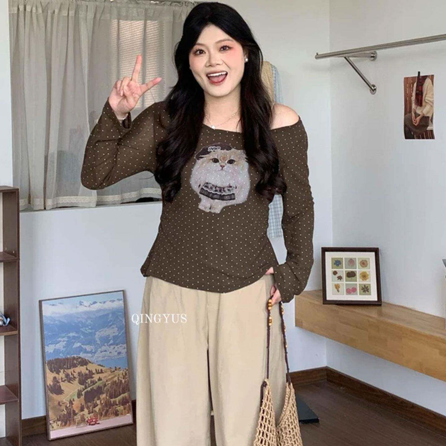 推荐大码波点猫咪印花长袖T恤女秋季胖mm显瘦少女感别致百搭打底