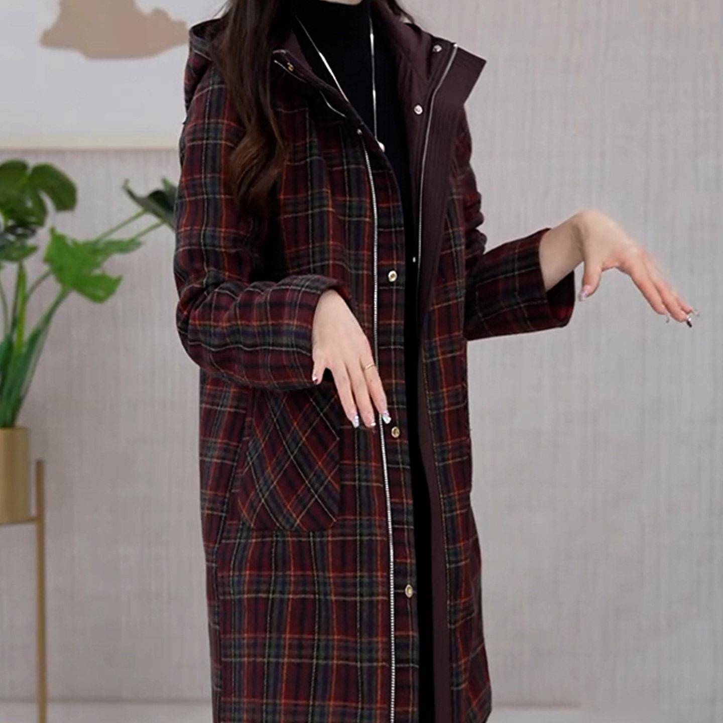 推荐格纹双面穿中长款棉服外套女2026冬季新款减龄妈妈装加厚保暖