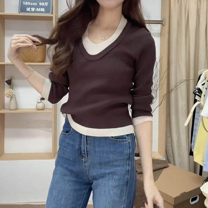 新品大码假两件拼接V领长袖针织衫女早秋胖mm显瘦修身内搭打底衫