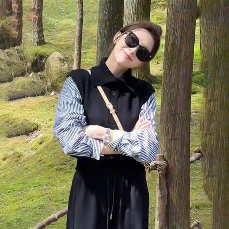 推荐入秋搭配一整套女春季新款洋气拼接假两件条纹上衣高级感显瘦