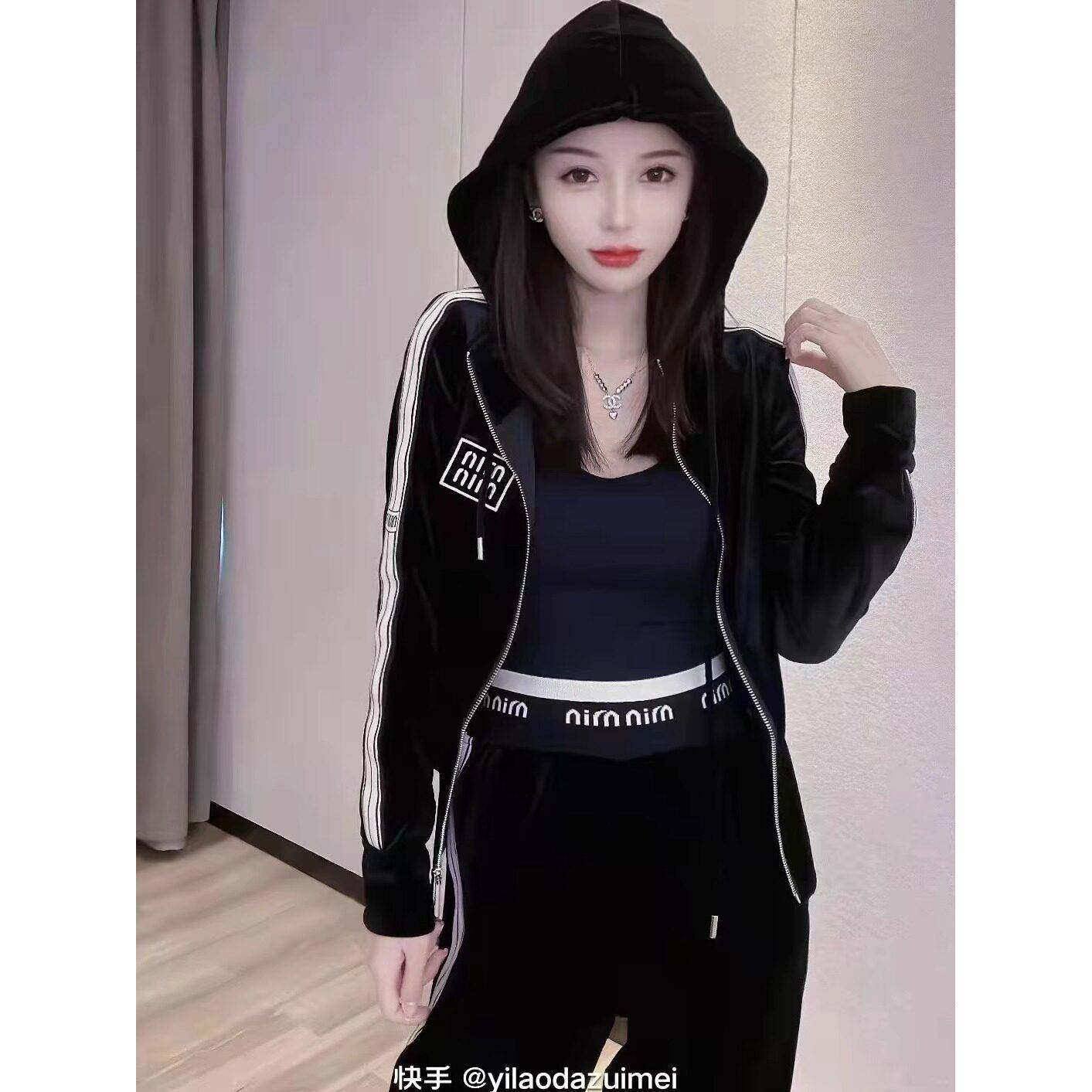 推荐大码运动套装女秋装新款丝绒连帽开衫高腰阔腿裤胖mm休闲两件