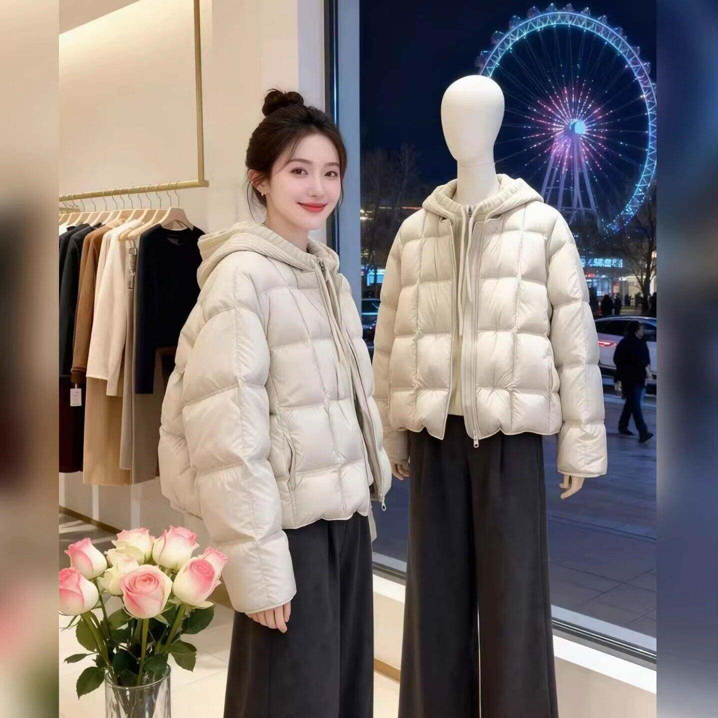推荐设计感针织拼接假两件连帽棉服小众ins简约休闲加绒外套2026