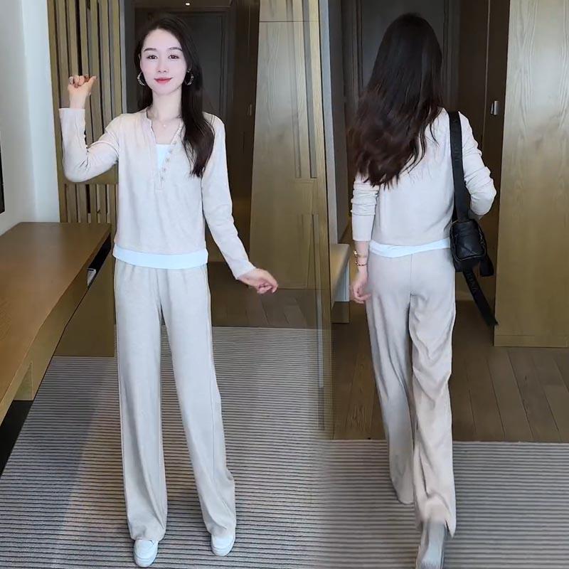 推荐时尚休闲套装女2026春季新款洋气假两件上衣阔腿裤显瘦减龄两