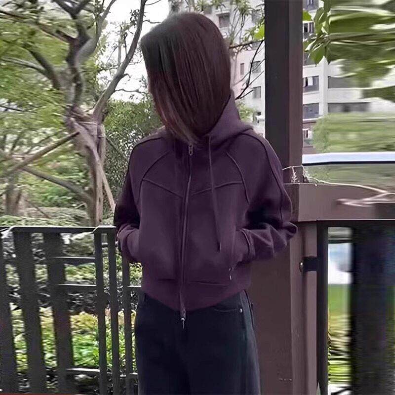 推荐高级感紫色连帽开衫拉链卫衣外套女春季新款休闲洋气外穿宽松