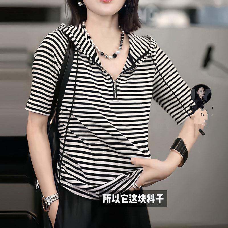 推荐条纹连帽短袖T恤女撞色2026新款时尚半拉链抽绳休闲百搭爆款