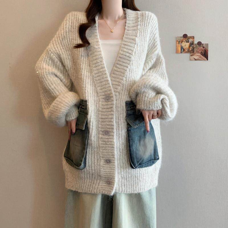 新品牛仔口袋拼接针织开衫毛衣外套女春秋大码胖mm宽松慵懒风亮片
