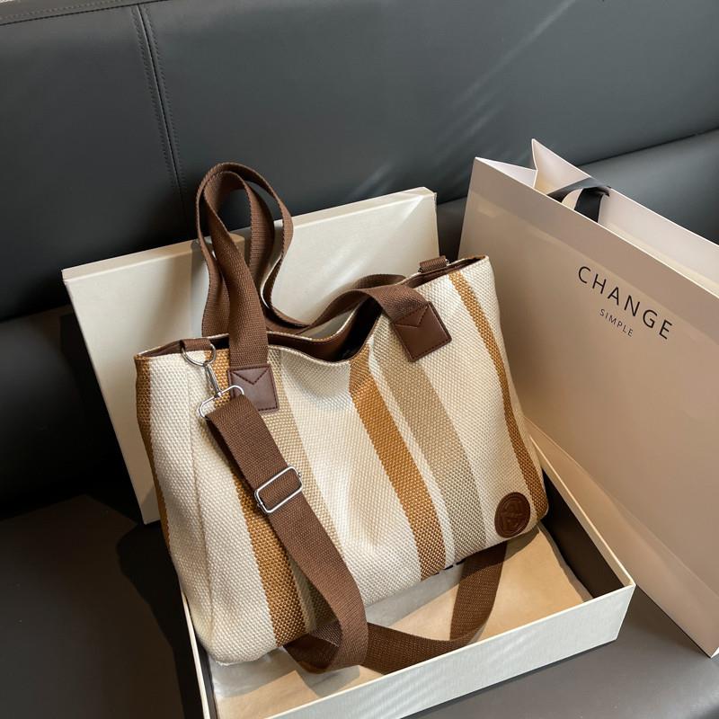 推荐条纹帆布包包女大容量