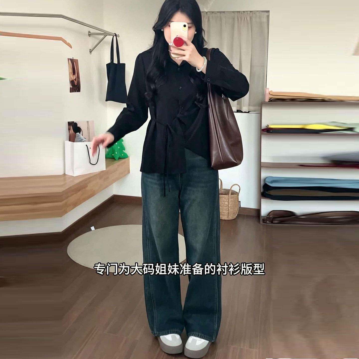 推荐大码粉色系带收腰衬衫女秋季胖mm长袖宽松垂感别致减龄百搭上