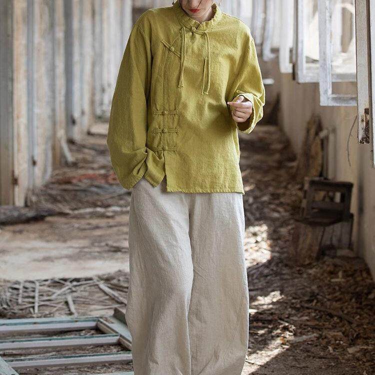 推荐新中式禅意茶服女装中式复古斜襟盘扣长袖棉麻两件套装练功居