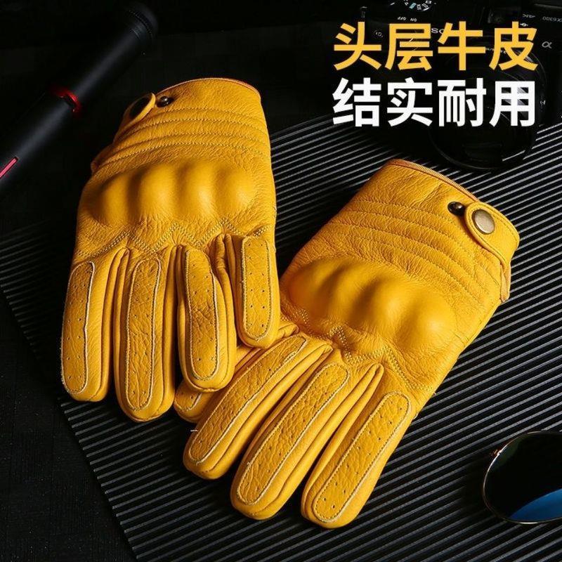 高品质黄色牛皮四季机车复古哈雷摩托车骑行手套情侣真皮防滑耐磨