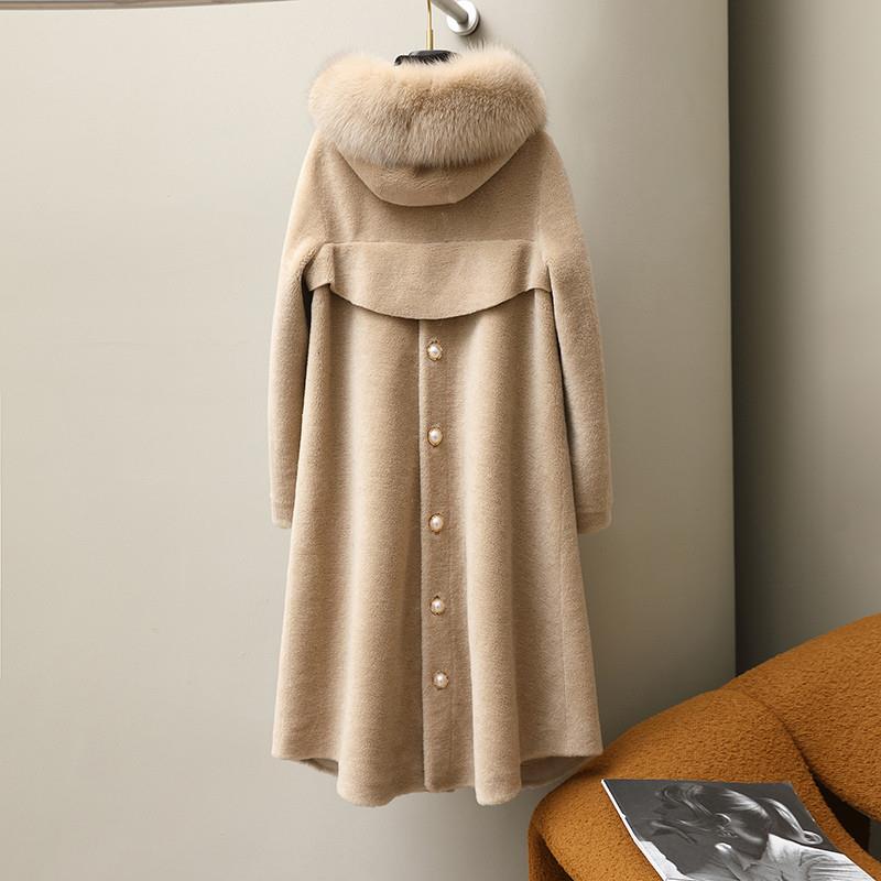新品羊剪绒大衣女中长款狐狸毛领妈妈装连帽大码羊毛一体皮草外套