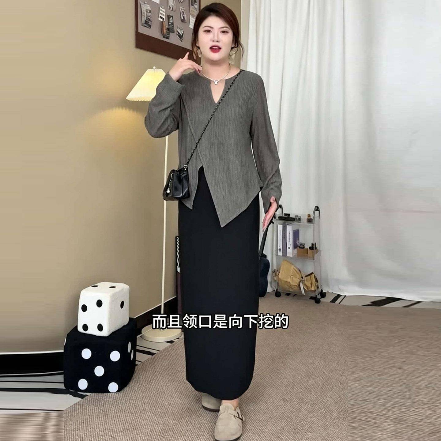 推荐大码慵懒风不规则长袖T恤女秋季胖mm灰色宽松显瘦遮肚松弛感