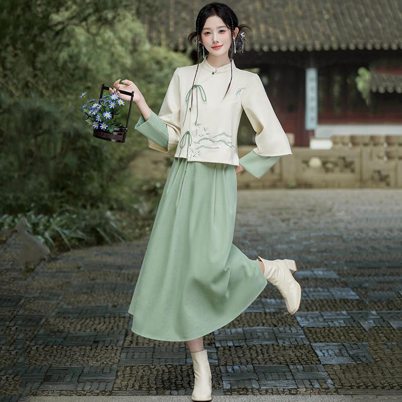 推荐新中式禅意清冷感斜襟上衣改良旗袍套装冬季加绒加厚茶艺师茶