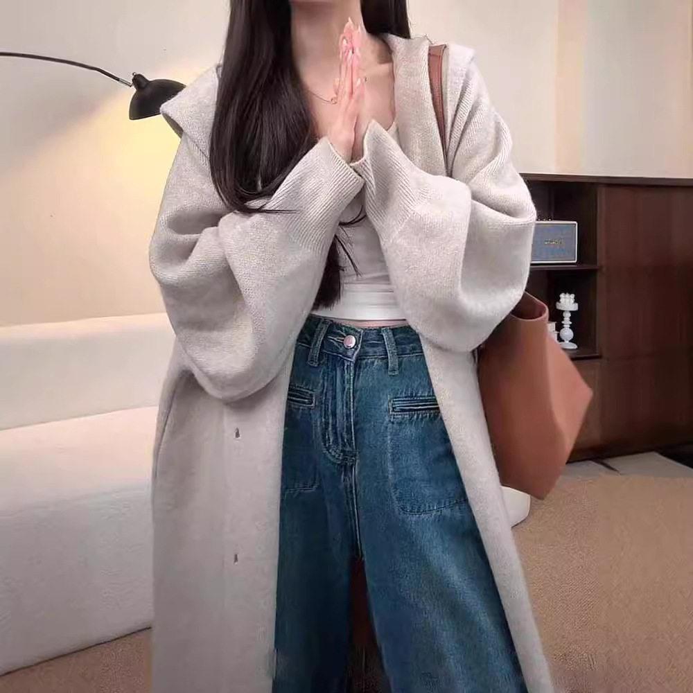 推荐百搭慵懒连帽长款针织开衫女生2026秋季新款女装过膝毛衣长外