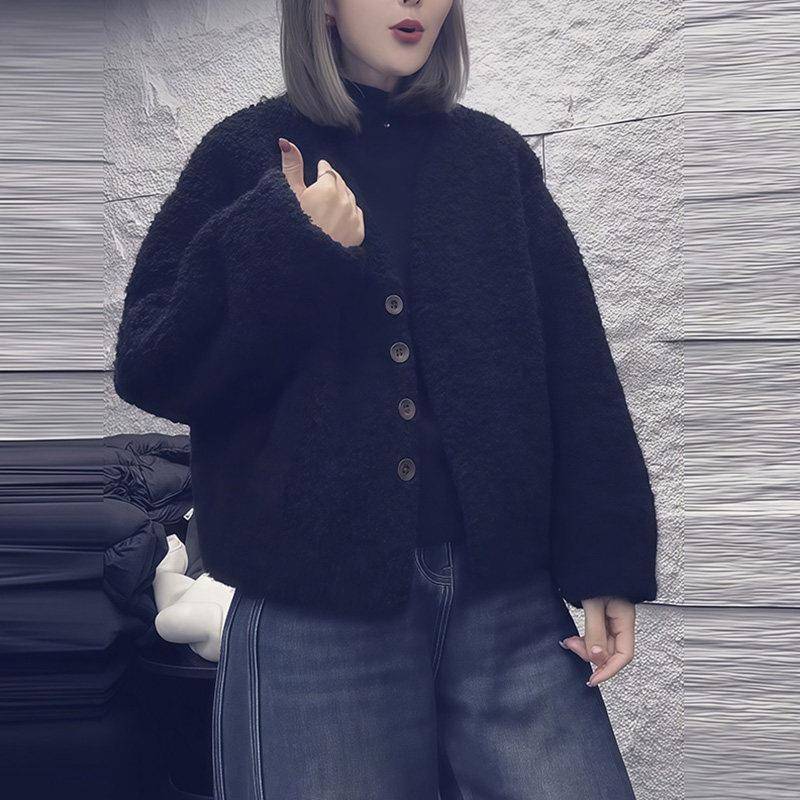 推荐黑色羊羔毛短外套女秋冬季女款宽松通勤百搭显瘦高级感气质外